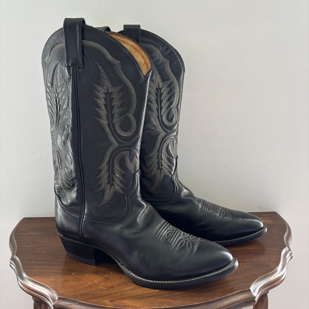 Men's 10D Vintage TONY LAMA Black Leather Stitched Cowboy Western Boots 2914 - Picture 3 of 6